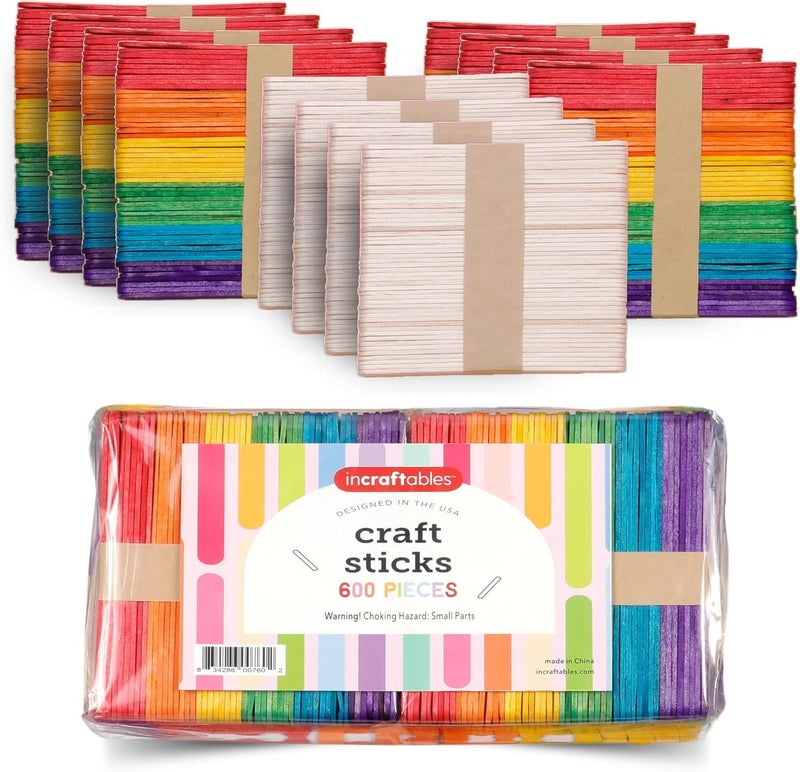Incraftables Colored Popsicle Sticks for Crafts – 600 Pieces - 7 Colors – Large Colorful Wooden Craft Popsicle Sticks for DIY Arts and Crafts - Image 1